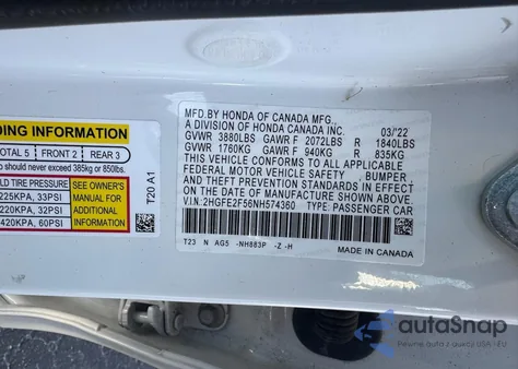 2022 Honda Civic Sport from USA, damaged, VIN 2HGFE2F56NH574360
